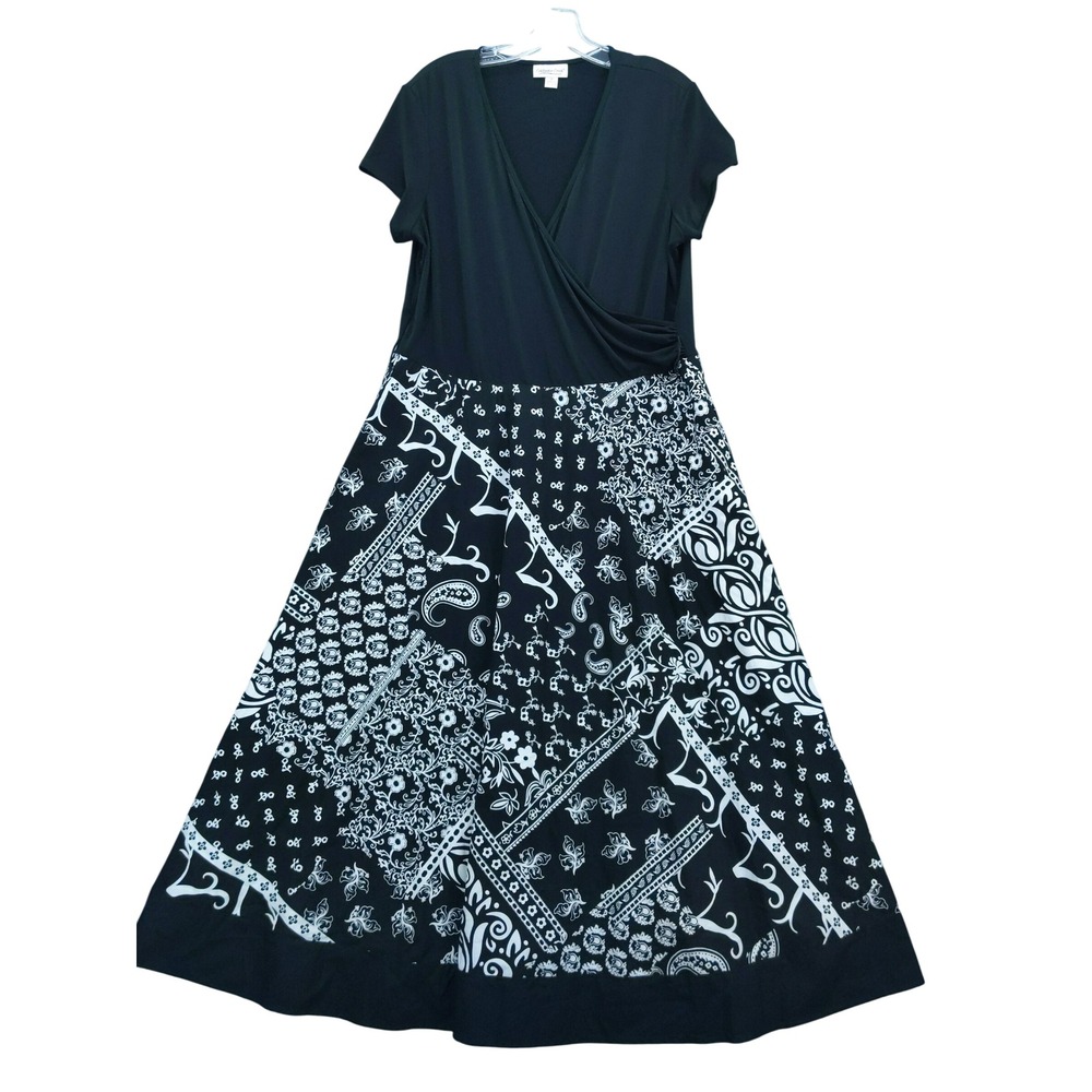 Coldwater Creek Maxi Dress Women 16 Black Paisley‎ Faux Wrap Short Sleeve